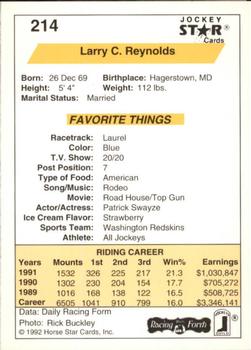 1992 Jockey Star #214 Larry C. Reynolds Back